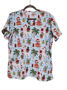 Scrubaid‎ Women's Aqua Sloth Llama Christmas 2 Pocket Short Sleeve Scrub Top XL